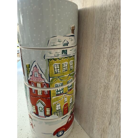 Pier 1 Stacking Festive Holiday Mugs Winter Scene Christmas Village Stoneware - Picture 3 of 12